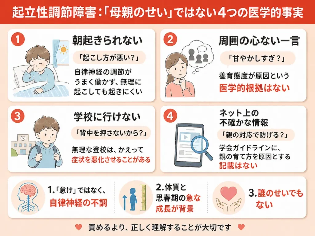 「母親のせい」と感じてしまう4つのきっかけと、その医学的な誤解の概要図v2