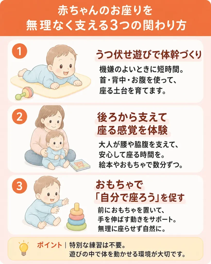 赤ちゃんのお座りを無理なく支える3つの関わり方_説明図v2