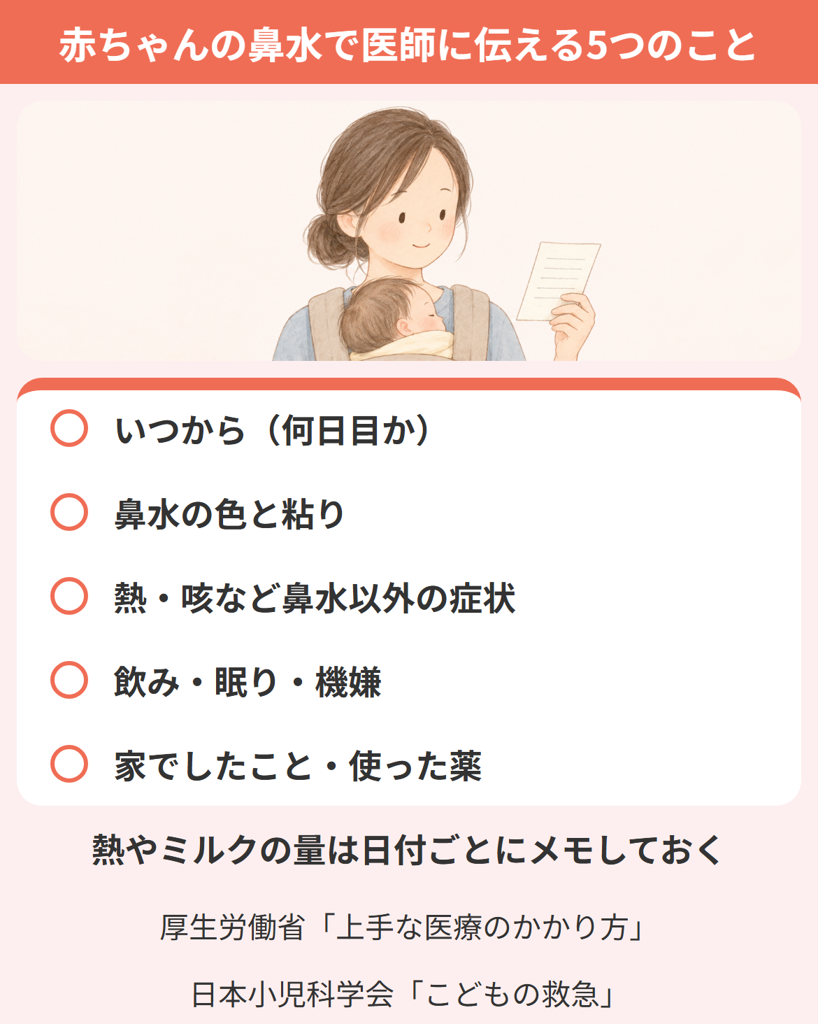 赤ちゃんの鼻水で病院に行くときに医師に伝える5つのこと（いつから・色と粘り・熱や咳・飲みと眠りと機嫌・家でしたこと）