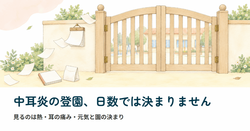中耳炎で保育園を休む日数は決まっておらず、日めくりをめくっても登園は決まらないことを表した保育園の門と連絡帳のイラスト