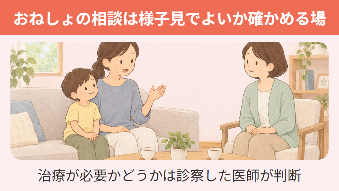 おねしょの相談は様子見でよいかを確かめる場であることを、親子が落ち着いた部屋で穏やかに話を聞いてもらう場面で表したイラスト